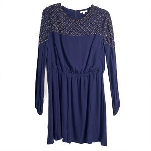 GIANNI BINI | long sleeve navy mini dress with gold embellishments